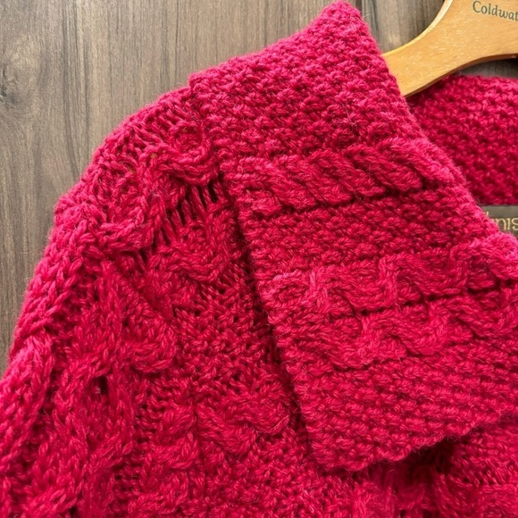Inis Craft Large Cardigan Merino Wool Sweater One Button Cable Knit Red - Picture 3 of 12
